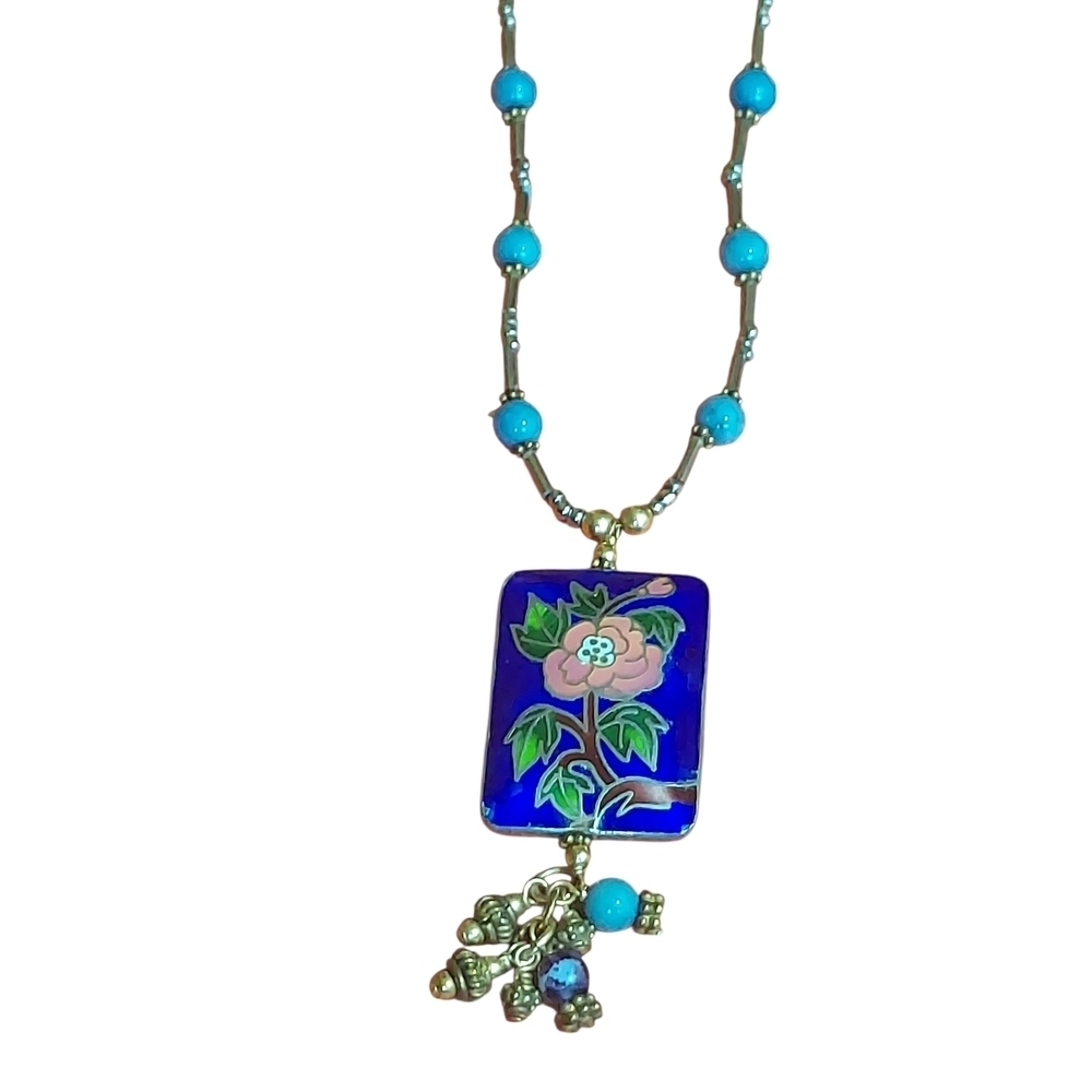 Vintage Cloisonne Blue Green Floral Beaded  Necklace Cobalt Pendant